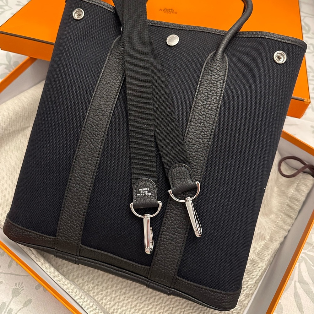 Hermes Garden File 28 Black Canvas Leather Crossbody Tote, Y Stamp, Like New
